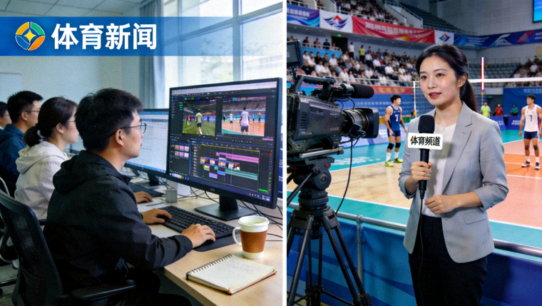 体育新闻编辑现场与赛事报道画面素材